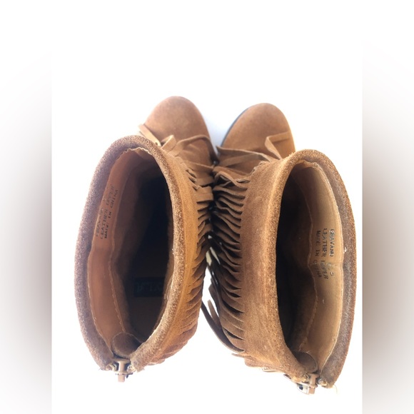 🧡 N.Y.L.A. GRAVANO COGNAC LEATHER FEINGE BOOTIE HEEL ANKLE BOOTS 6.5 - Picture 6 of 8